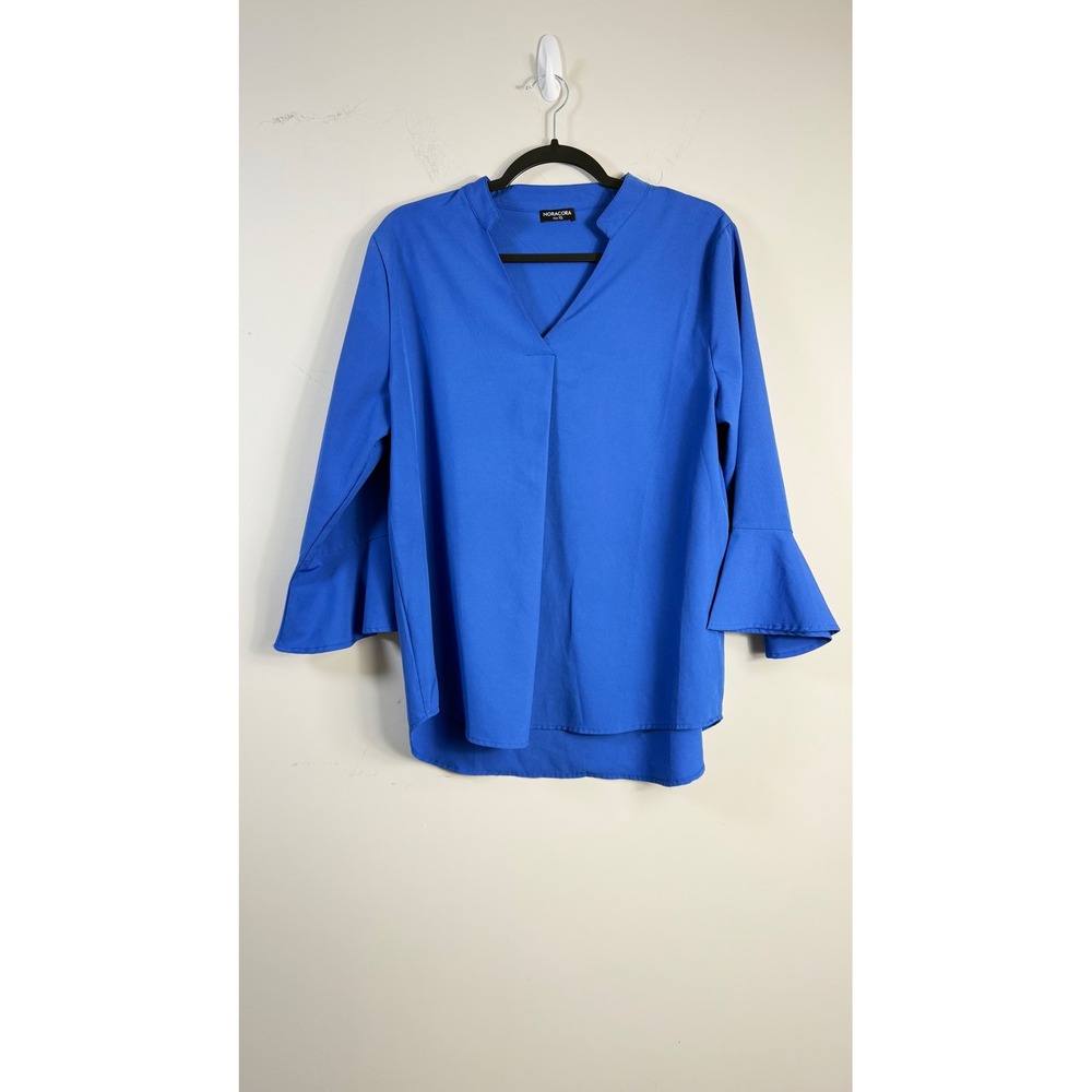 Noracora Blouse Blue Bell Sleeve V-Neck Chiffon Top Women XL